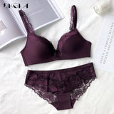 New Fashion Lingerie Thin Cotton Bra Panties Set Lace Brassiere Wire Free Bra Set Deep V Sexy Underwear Set Women Embroider Bras