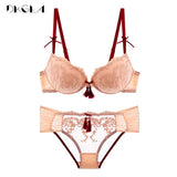 2020 Luxury Palace Tassel Bra Set Push-Up Thick Cotton Brassiere Embroider Lingerie Set Lace Sexy Bras Women Underwear Set Pink