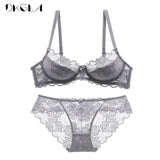 Hollow Sexy Bra Ultrathin Underwear Set Plus Size C D Cup Women Transparent Bra Sets Lace Embroidery Lingerie Gray Brassiere