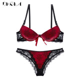 Luxury Printing Underwear Set Women Bow Fashion Red Push Up Bra Panties Sets Sexy Lingerie Embroidery Lace Bra Set Cotton Thick