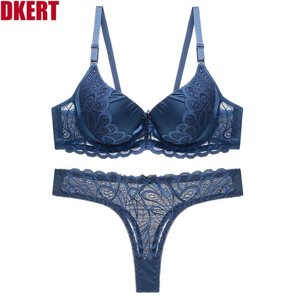 DKERT Women Bra Set Sexy Lace Underwear Set Transparent Thong Bralette Set Push Up Bra and g-string