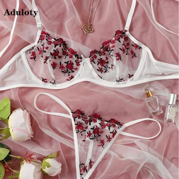 New women's lace embroidered underwear underwire gather bra and panty set thin mesh see-through sexy erotic lingerie thong set