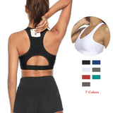 Women Workout Tank Top Gym Stretch Phone Pocket Hollow Yoga Sports Running Bra Padded Fitness Sport Bra Top Push Up Bra