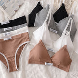 Women Cotton Seamless Bra Set Low Waist Panties Nonwire Bralette Sexy Lingerie Set Vneck Brassiere Female Sport Underwear Set