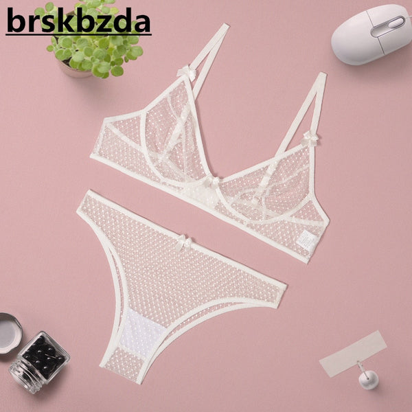 Brskbzda Sexy Lingerie Seamless Bra Sheer Lace Underwear Set Women 2 Piece White Solid Intimate See Through Outfits