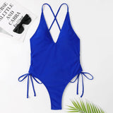 Solid V-neck One Piece Swimsuit for Women Sexy Bandage Women's Swimsuit Backless Cross Bathing Suit 2023 New Monokini Blue Red