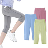 Sheecute Girls High Waist 4-Way Stretch Yoga Calf Length Leggings With Pockets Kids Athletic Workout Running Pants GYM1539