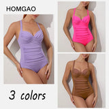 HOMGAO Push Up Women’s One Piece Swimsuit Sexy V Neck Solid Bodysuit Ribbed Monokini 2023 New Beach Bathing Suit Swimwear